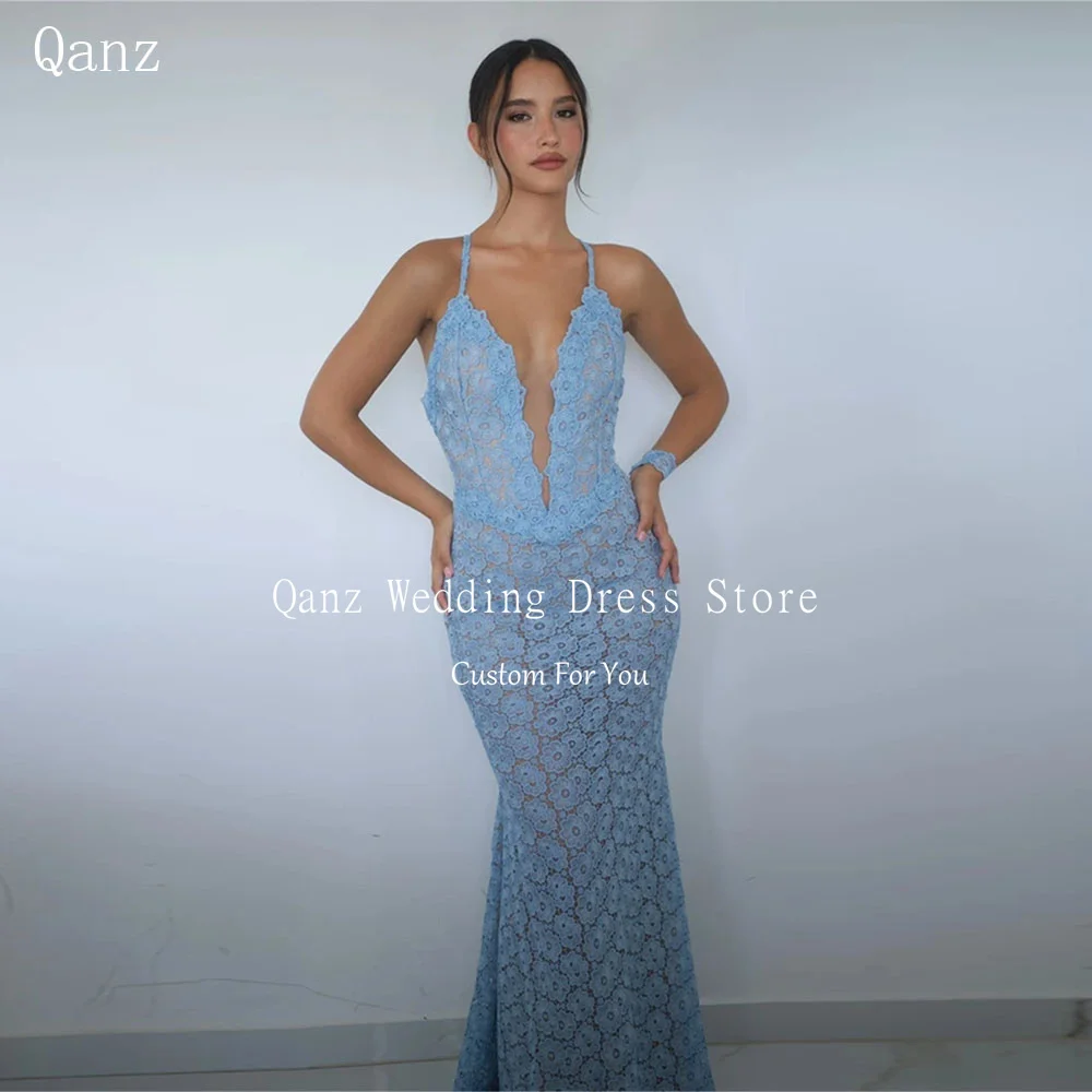 

Очаровательное кружевное платье Qanz для выпускного вечера, синее милое платье русалки для свадебного гостя, элегантные вечерние платья на тонких бретельках по индивидуальному заказу