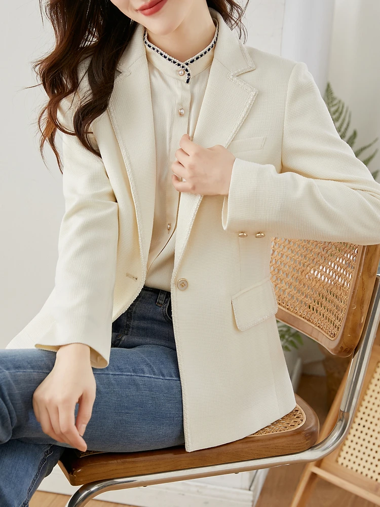 Vimly Apricot Notched Blazers for Women Spring Office Work Professional Elegant Straight Loose Long Sleeve Suit Jacket Workwear