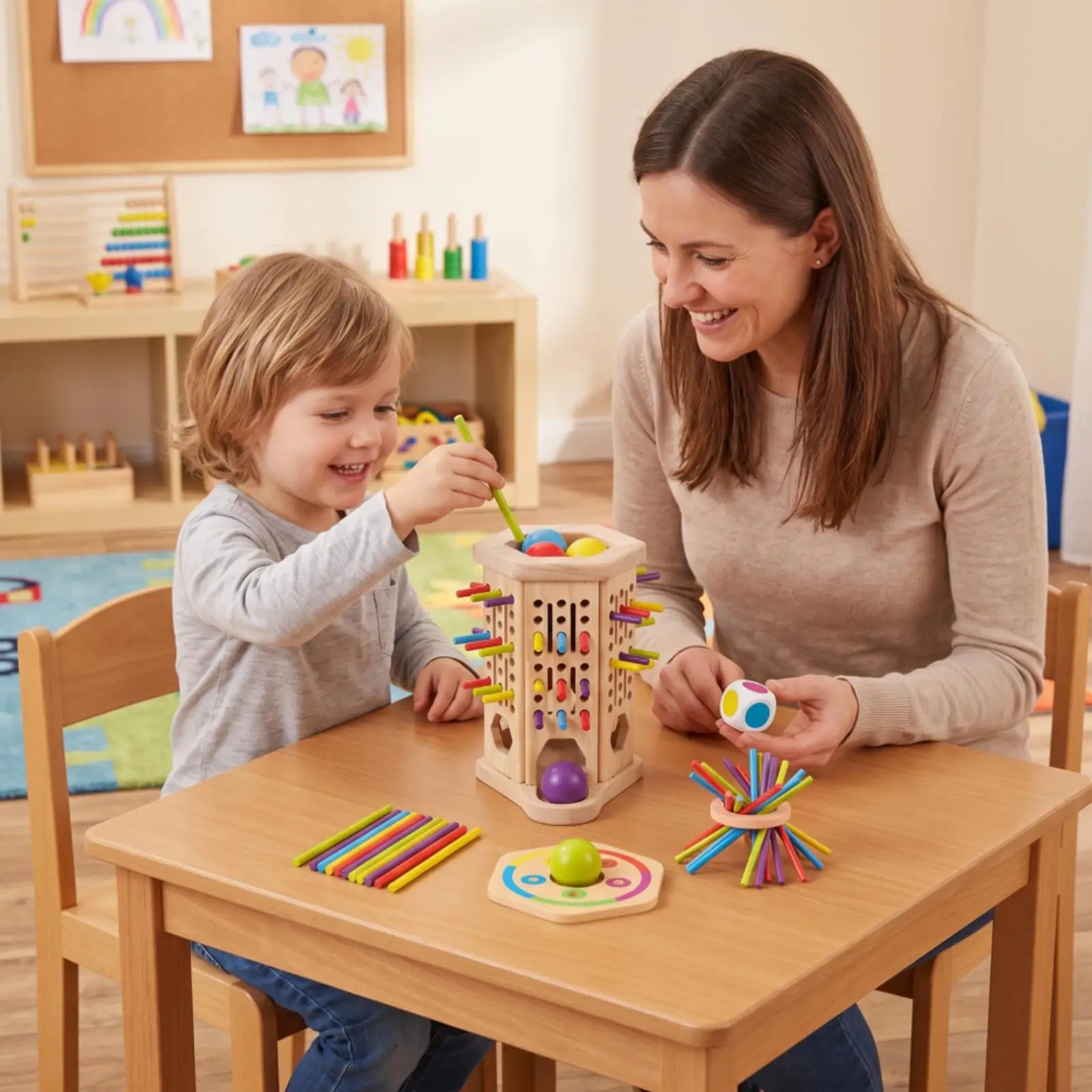Classic Wooden Children Game Hexagonal Stick Pull Toy for Motor Skills and Color Learning