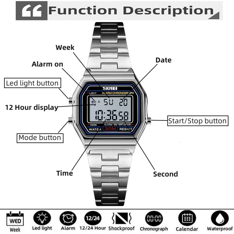 Skmei Women's Digital Sports Waterproof Bracelet Watch Luxury Stainless Steel Strap Shock Resistant Led Chronograph Alarm Clock