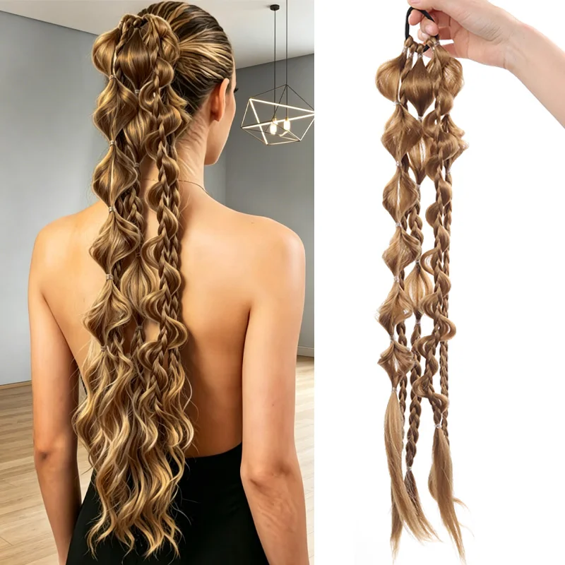 24 inch long women's synthetic curly braided ponytail wig, including bubble braids and elastic tails, suitable for braids, dirty
