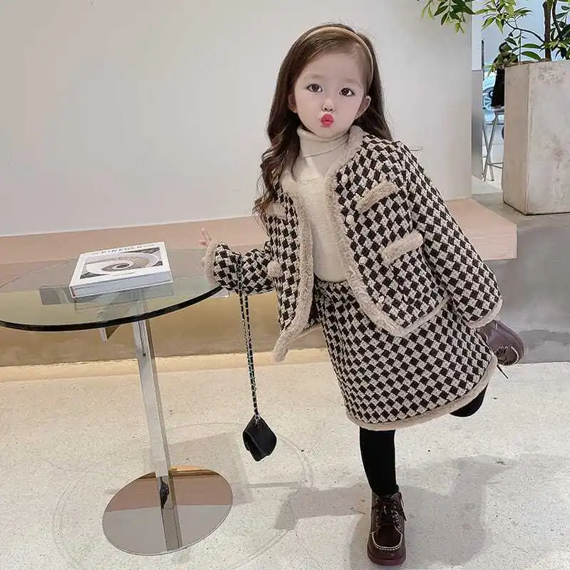 Baby Autumn Winter Coat Skirt Set Thickened Winter Skirt Children New Maillard Style Girls Checkered Two Piece Set