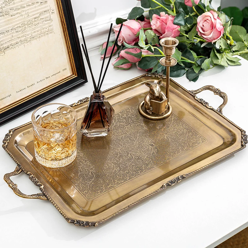 India imported retro hand-carved brass high-end tray water cup tableware tea tray coffee table decoration large fruit plate