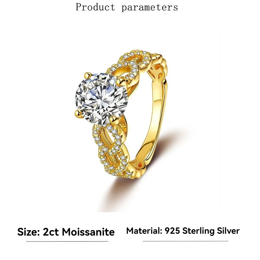 

Luxury 2ct Moissanites Rings for Women - 925 Sterling Silver Engagement Ring & Bridal Wedding Band Gold Plated Jewelry Gift