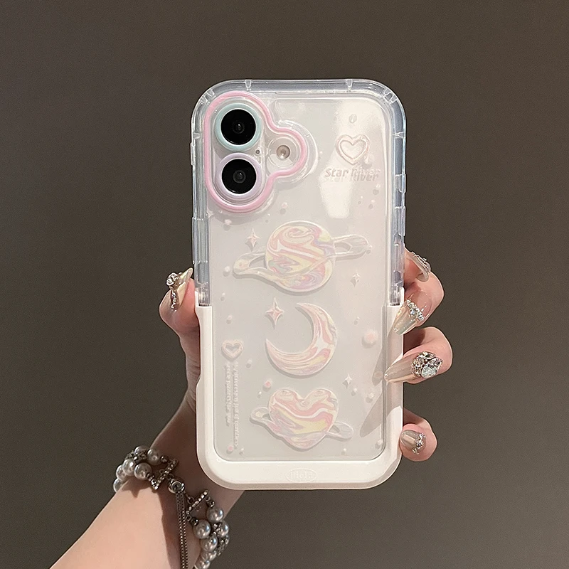 Pink Bow Moon Stars Bracket Phone Case For iPhone 16 Pro Max 15 14 13 12 11 Clear Shokcproof Back Cover With Folded Holder Stand