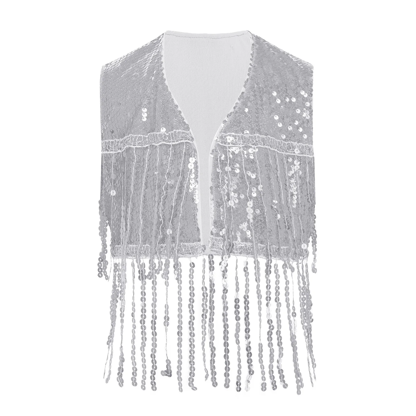 Kids Girls Shiny Sequins Tassel Disco Party Vest Sleeveless Open Front Fringed Crop Top Waistcoat for Jazz Latin Dance Cha-Cha