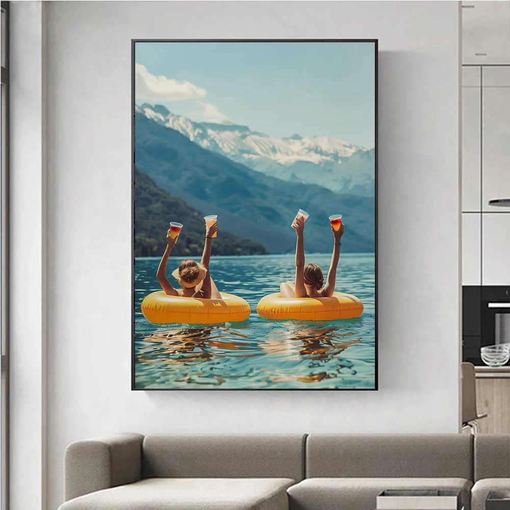 Women Drinking On Lake Print Colored Vintage Wall Art Pictures Funny Picnic On Floaties Poster Ocean Wall Decor Canvas Painting