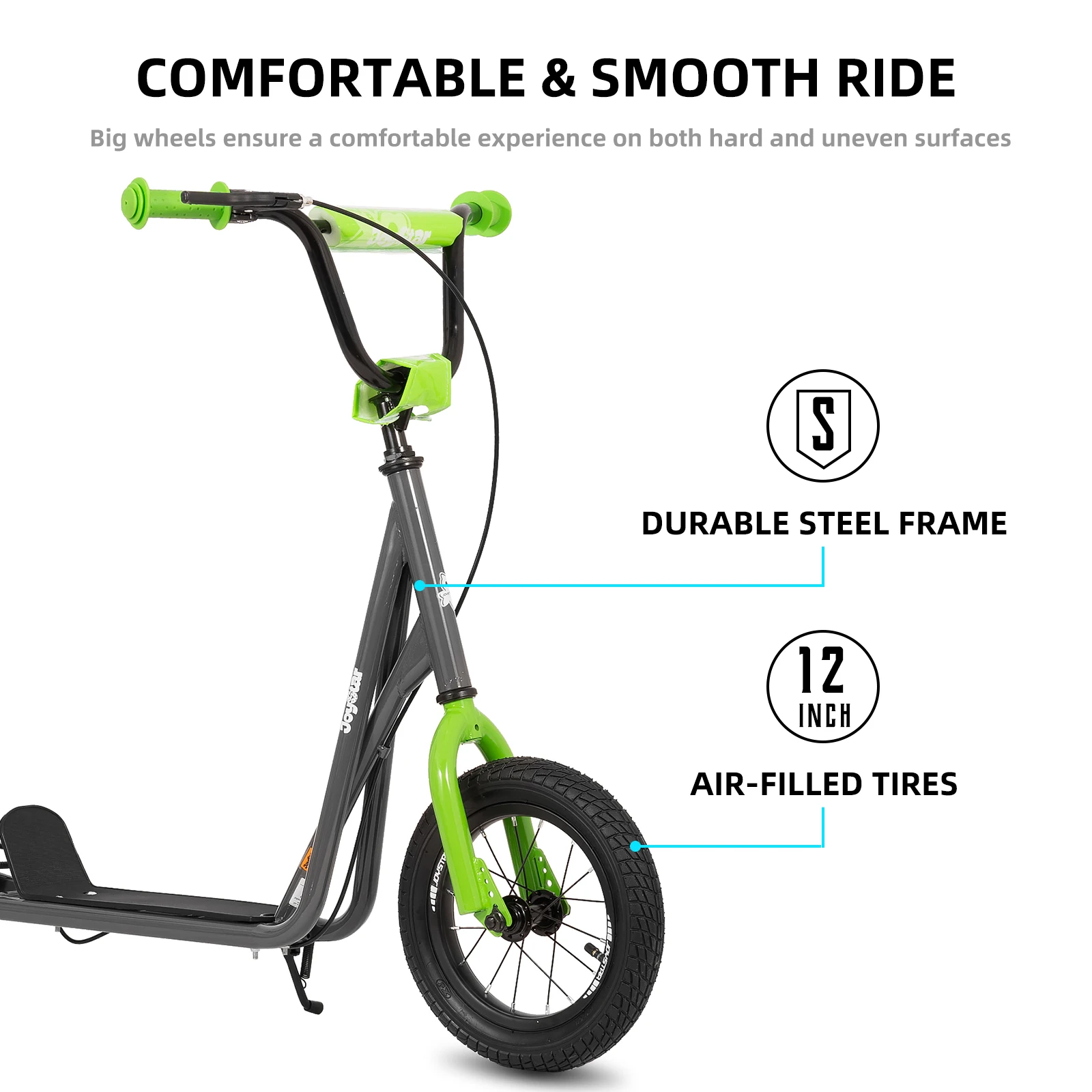 JOYSTAR Kick Scooter for Ages 5-9 Years Old Kids with 12 Inch Front and Rear Wheel, Rear V-Brake and Adjustable Handlebar, Grey