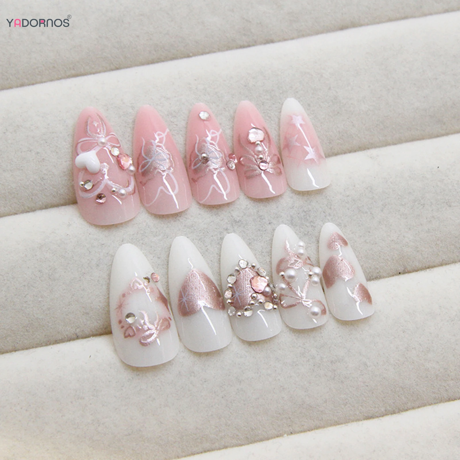 Gentle Pink Artificial Nails Diamond Designs Love Heart Bowknot Printed Press on Nails Almond Wearable Fake Nails Tips 24Pcs