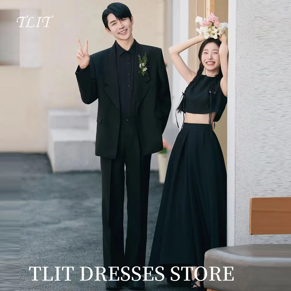 TLIT Simple Black Two-Piece Satin Evening Dress Korea Wedding Dress Photo Shoot Strapless Prom Gowns Customized HI-LO Gowns