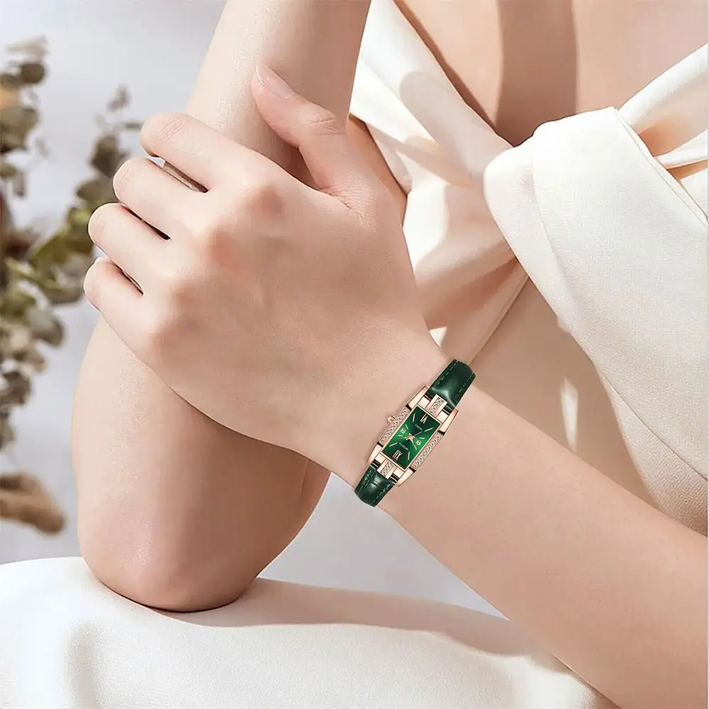 Reloj de cuarzo con correa de cuero para mujer, reloj de pulsera cuadrado con diamantes, informal, exquisito, de lujo