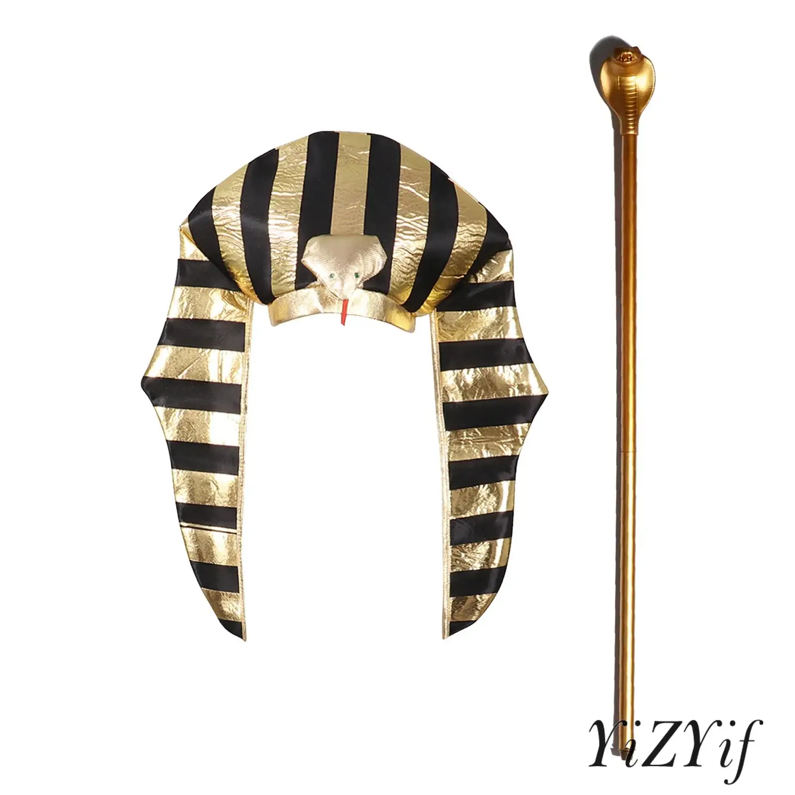 

Women Halloween Egyptian Pharaoh Party Cosplay Masquerade Show Props Set Detachable Snake Scepter with Wig Mask Neck Collar Hat