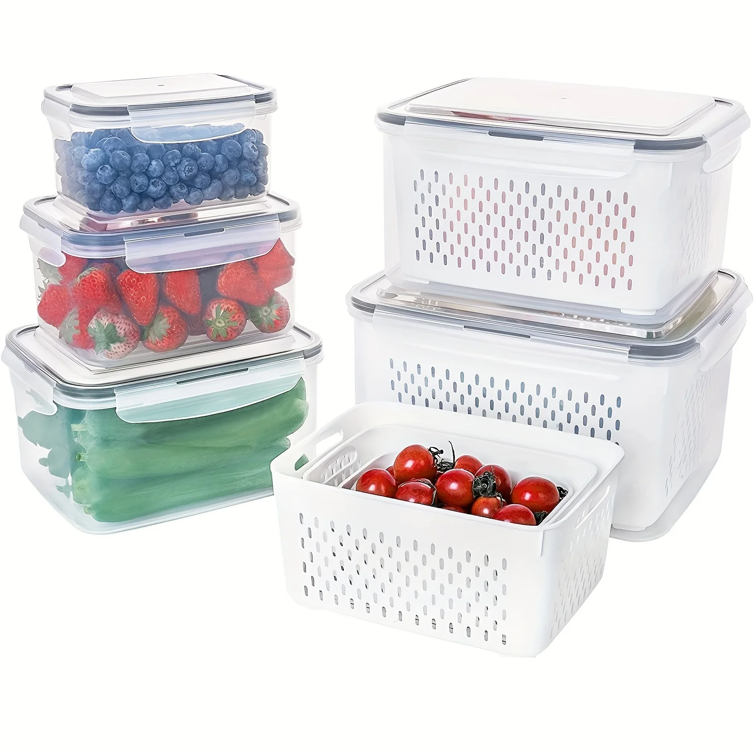 3pcs/set Refrigerator Storage Bins, Fridge Food Storage Container With Lid, Stackable Container With Detachable Drain Basket