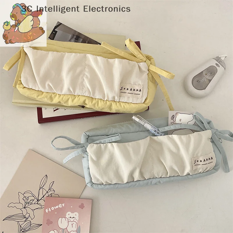 Ins Style Blue Bow Pencil Case Cute Multi Functional Large Capacity Stationery Organizer Storage Bag Student Pen Bag Makeup Bag