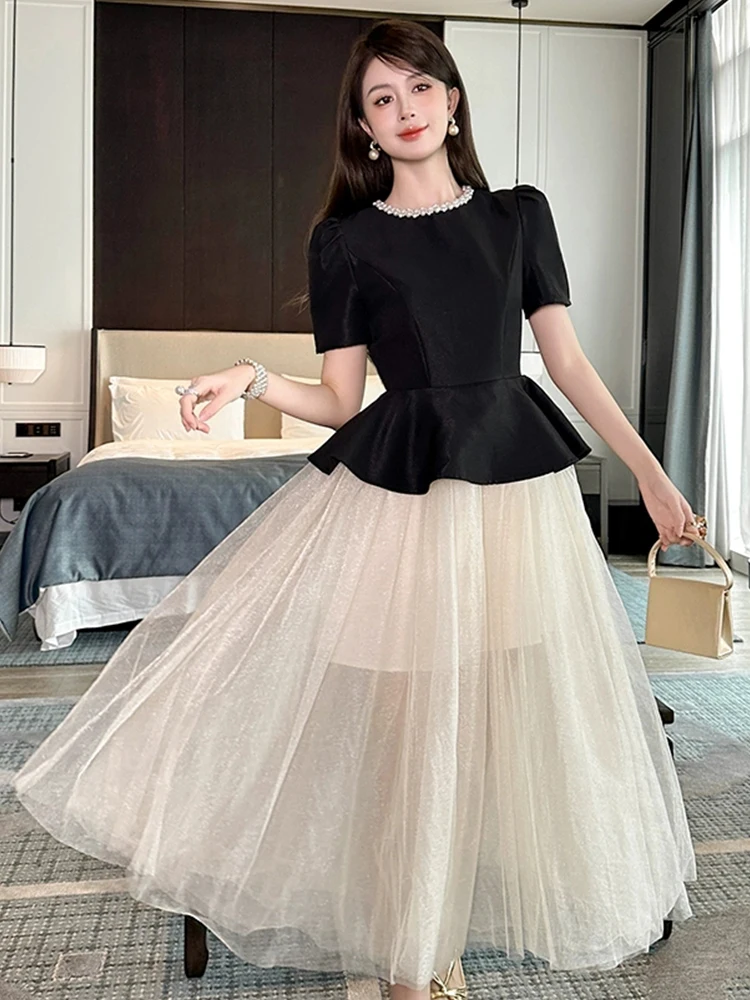 Abito da sera formale francese squisito da donna Abito da ballo in maglia trasparente femminile Lady Falso 2 pezzi con volant Swing Robe Abiti da compleanno