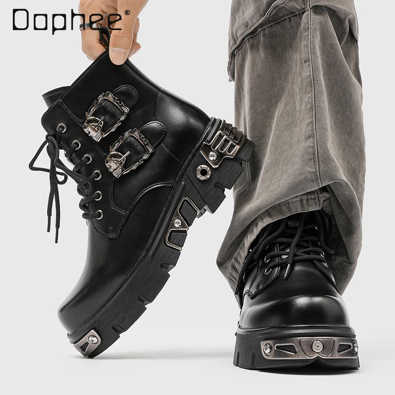Spring and Autumn Dark Metal Double Buckle Black Height-Increasing Boots Men's Punk Rock Thick-Soled Fashion Motorcycle Boots