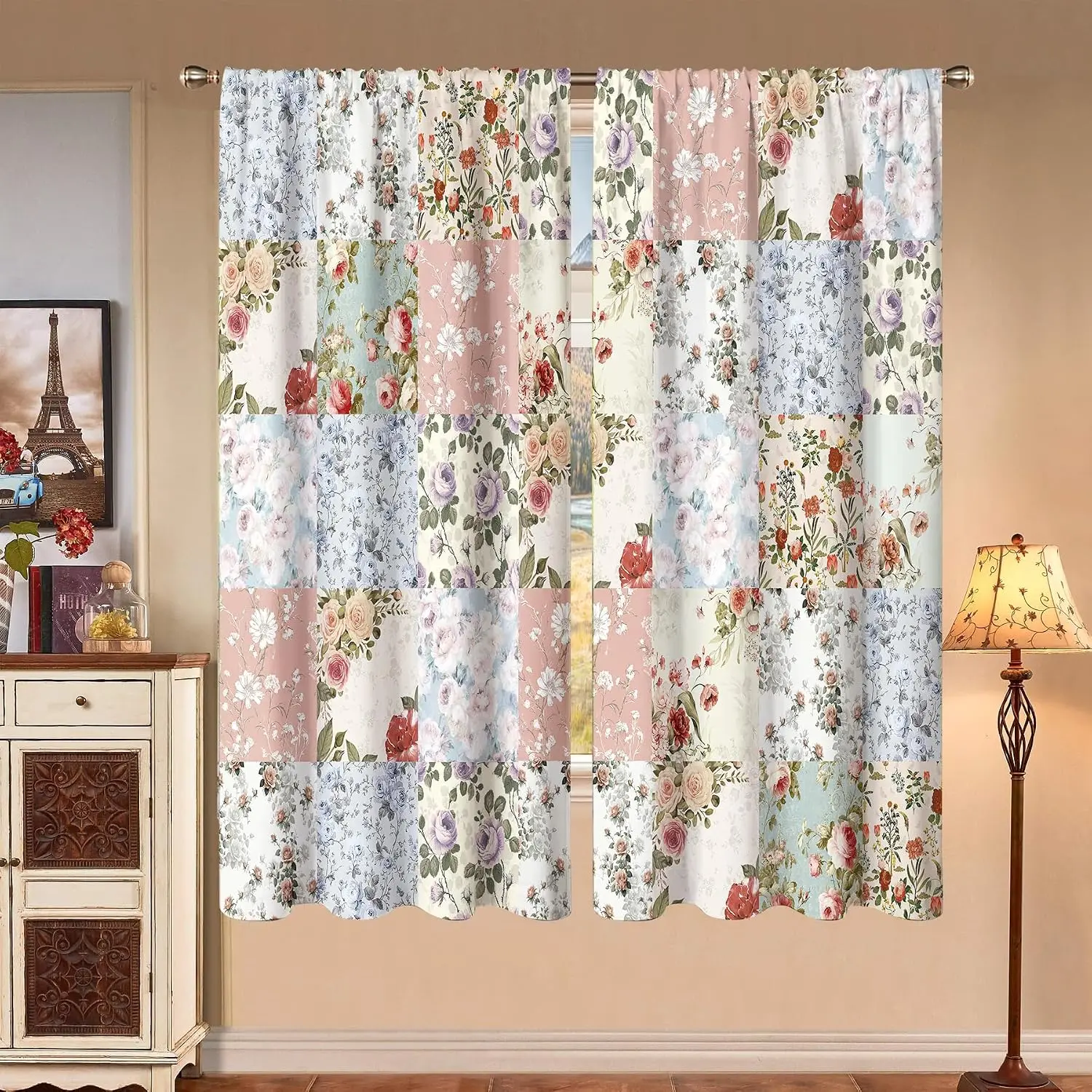 Patchwork Floral Curtain 2 Panels, Vintage Rose Grid Multi Color Pastel Print, Drapes for Bedroom Country Decor Curtain