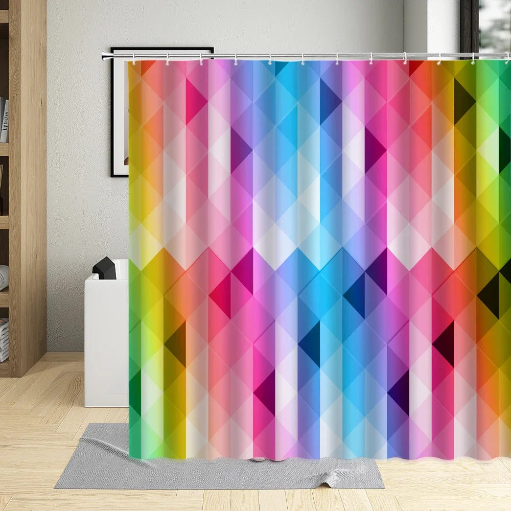 Geometric Modern Shower Curtain with Hooks, Creative Lines Pattern, Bathroom Art Decor, Simple Bath Curtains, Waterproof Fabri