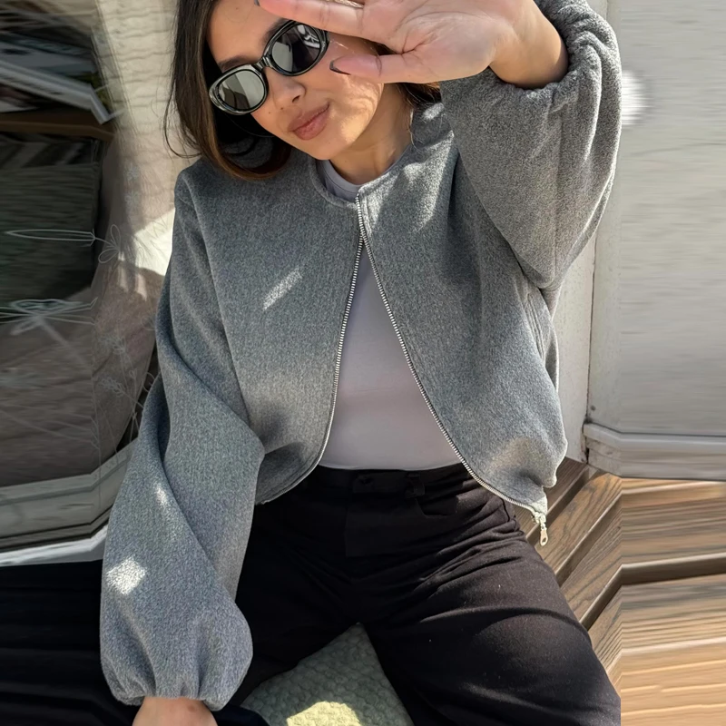 HXAO Women's Bomber Jacket Retro O Neck Soft Cropped Jacket Elastic Hem Zipper Woman Short Coats Female Outerwears 2025 Spring