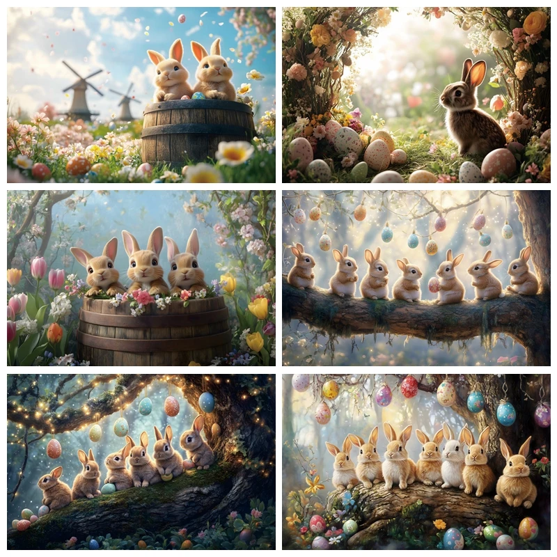 

Happy Easter Party Photography Backdrop Banner Spring Easter Rabbit Green Grass Forest Flower Photo Background Easter Party Prop