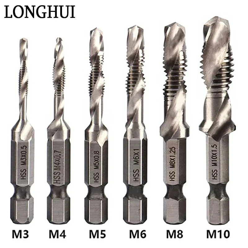 

6PCS Titanium Plated Hex Shank HSS Screw Thread Metric Tap Drill Bits Screw Machine Compound Tap M3 M4 M5 M6 M8 M10 Hand Tools