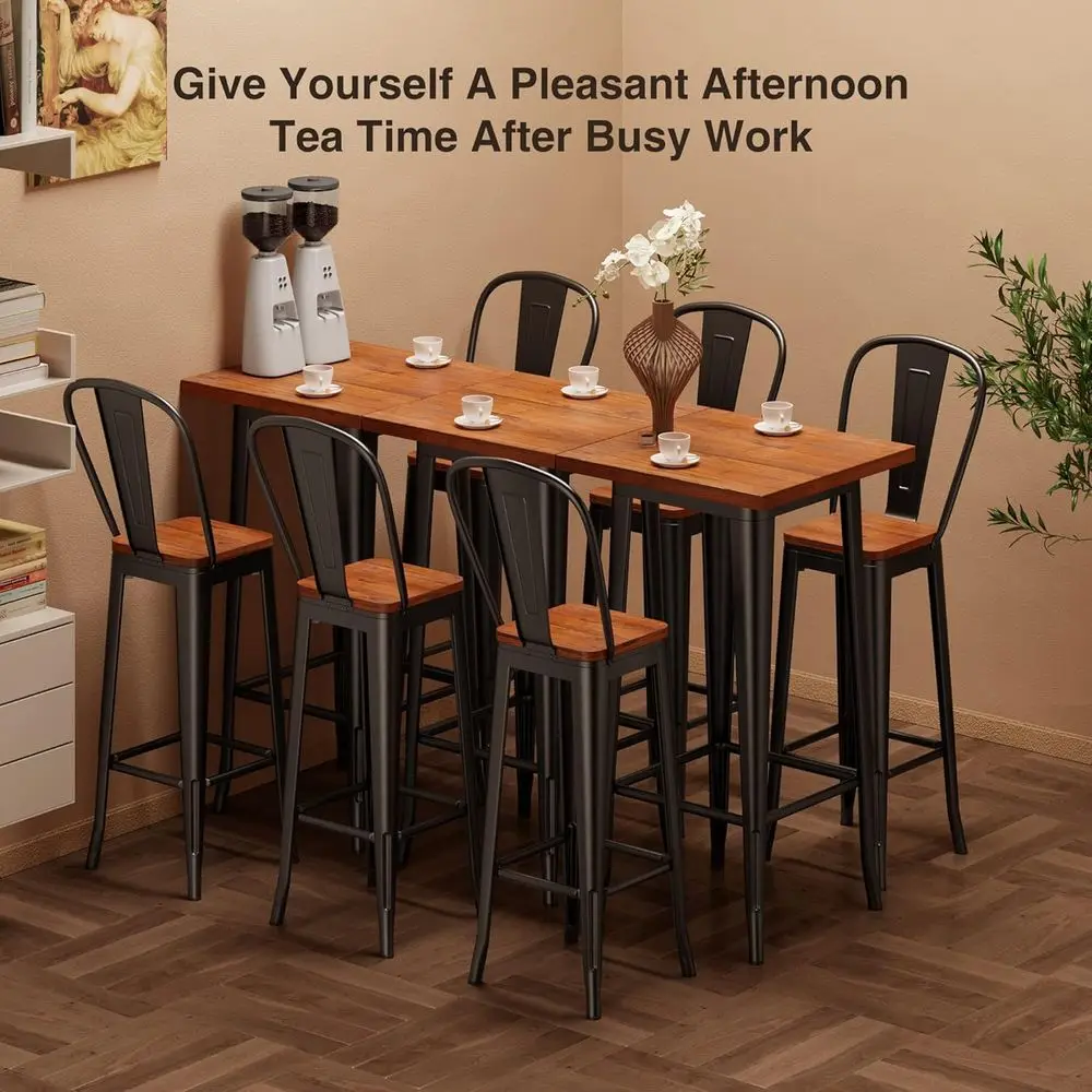 Bar Table and Chairs Set, Pub Table and Chairs Set o 2, with Elm Solid Wood and Thickened Metal e, or Bar, Small Space, Bistro C view 6