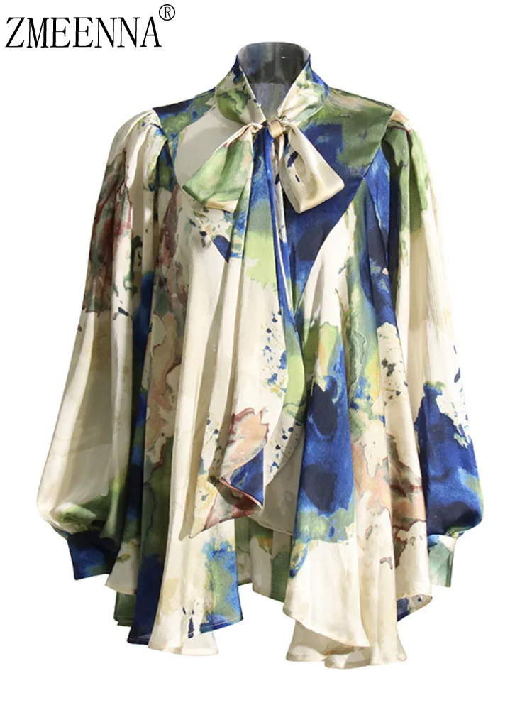

ZMEENNA 2025 Spring New Women's Elegant Lace Up Shirt With Bow Neckline Ribbon Printed Long Sleeve Floral Blouse Casual ZM756