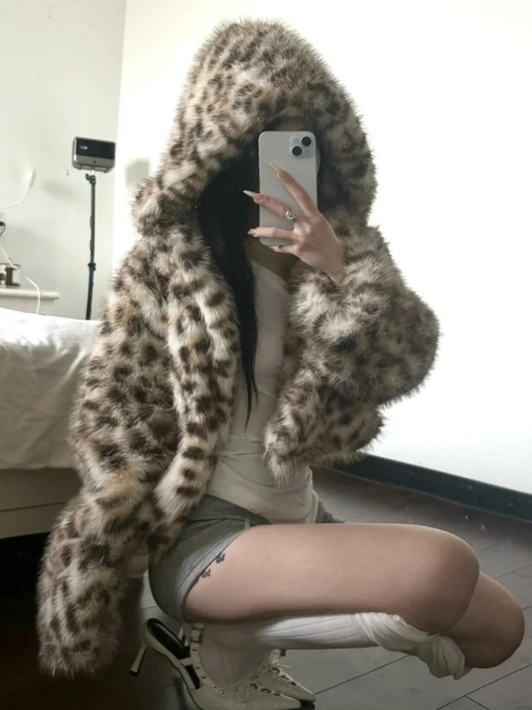 

Sexy ort Fur Coat Jaet Women's Winter Warm Thiened Hooded Sweater Outerwear Leopard Print Stand Fit Long Sve