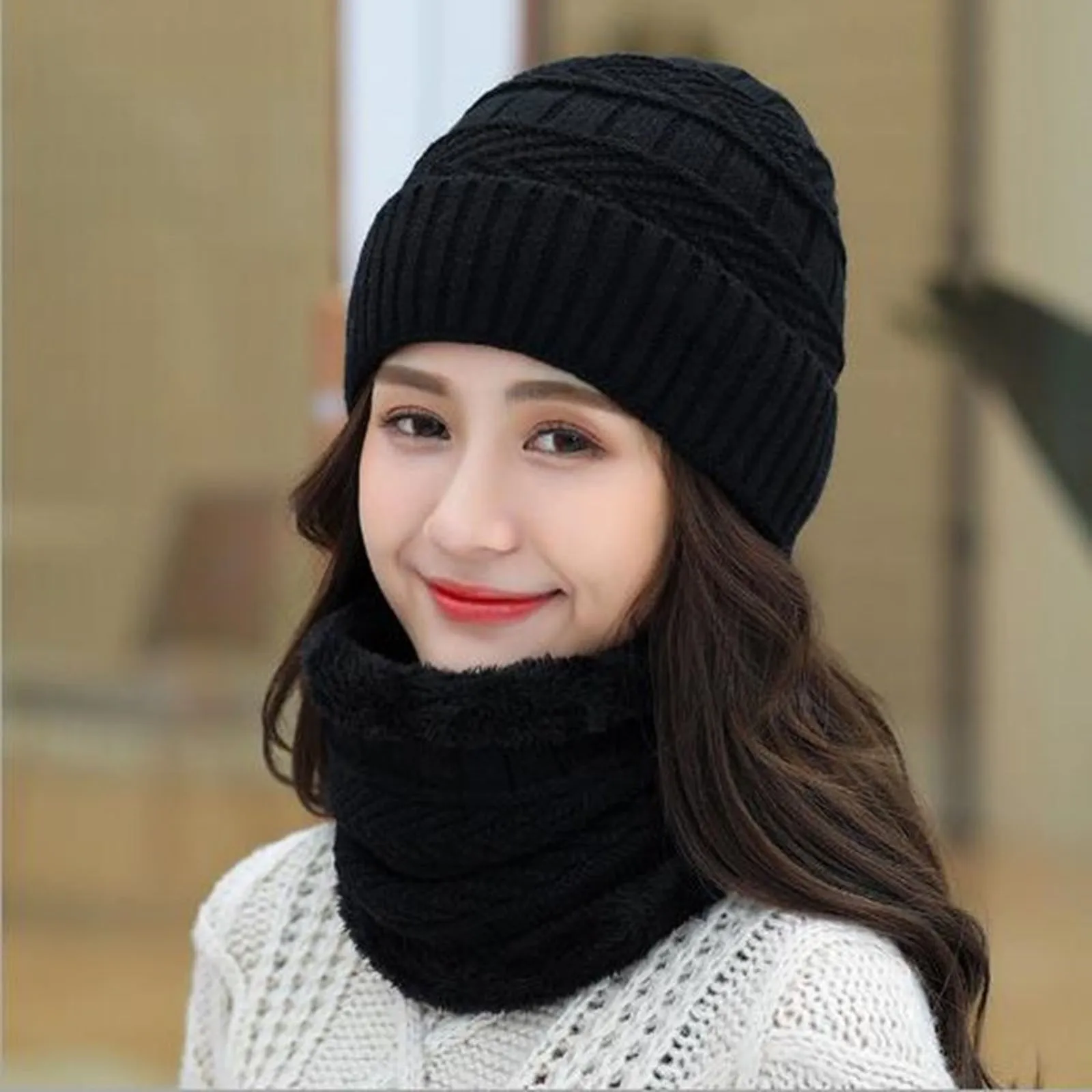 Women Autumn And Winter Knit Hat With Wool Warm Bib Winter Women's Woolen Hat Gloves Scarf Set