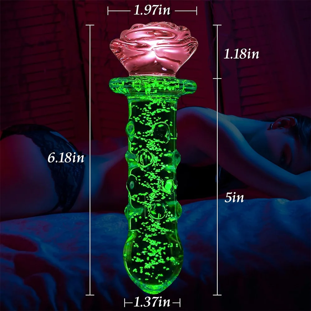 Erotic Rose Glass Dildo Huge Anal Beads Balls Butt Plug for Women Men Pink Rose Glass Penis Anal Plug Sex Tool glow-in-the-dark