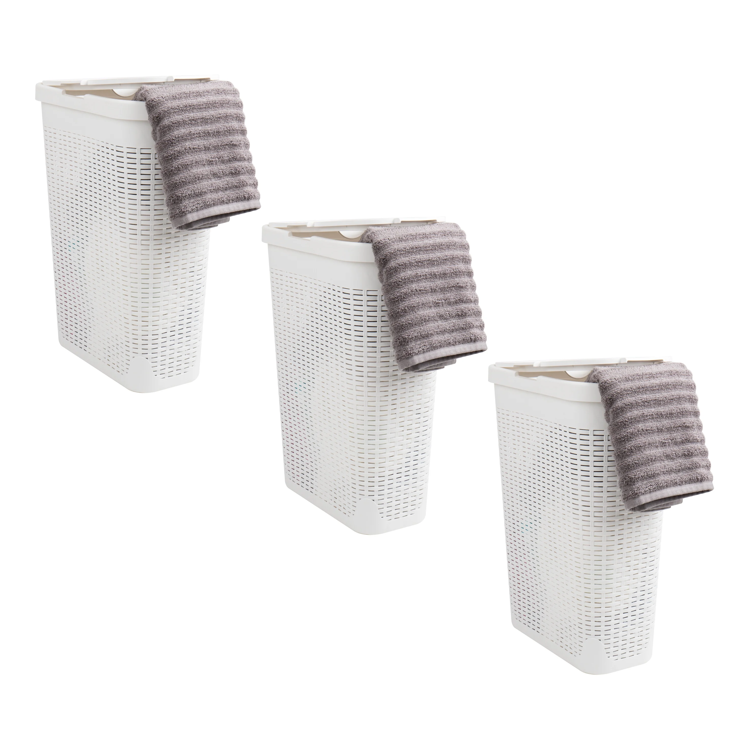 

40L Slim Laundry Hamper, Clothes Basket, Lid, Wicker Design, Plastic, 18'L x 10.4'W x 23.5'H, Set of 3, White