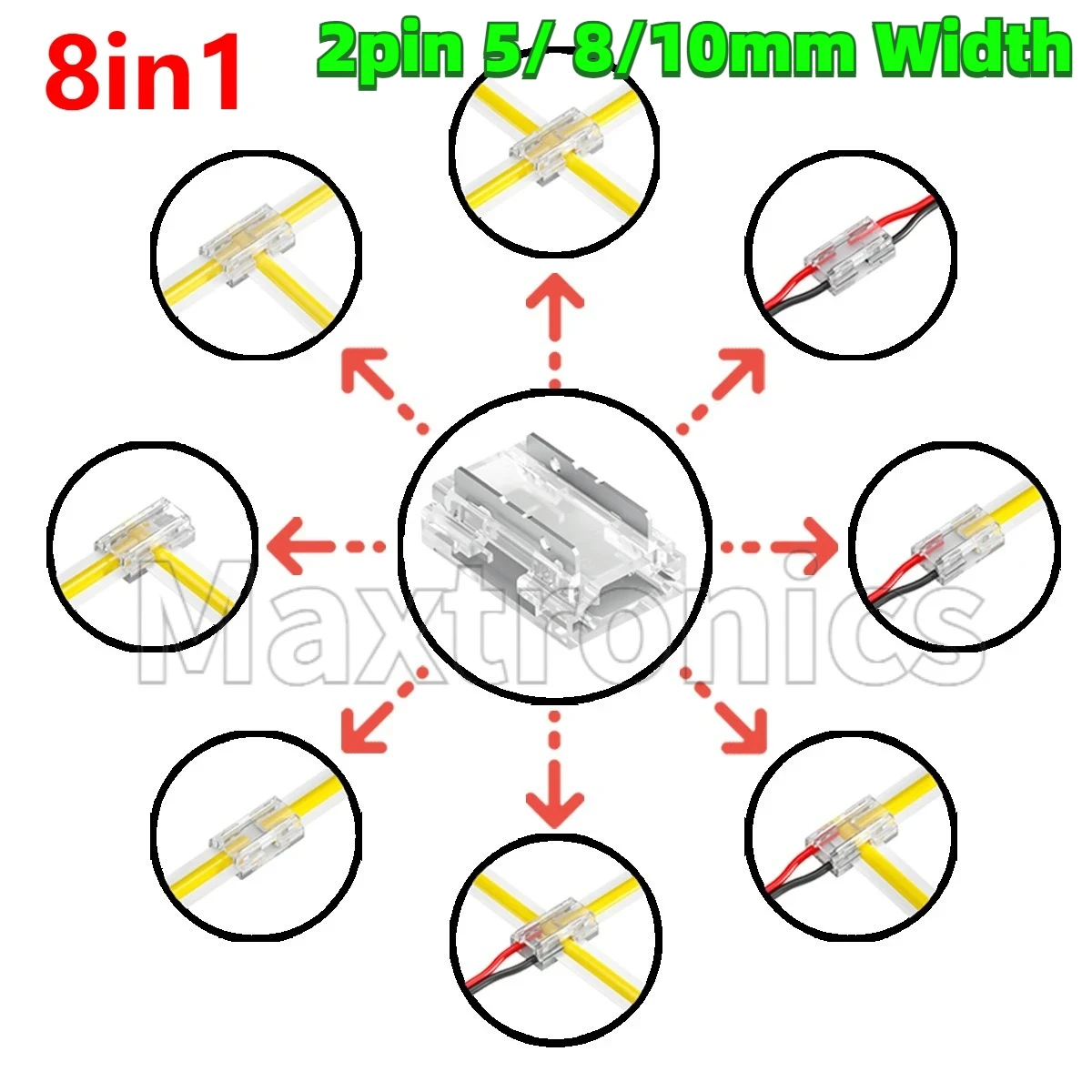 10-50PCS 8 in 1 Solderless LED Transparent Connector L T X Shape Board to wire 2pin 5/ 8/10mm Width For PCB Cob LED Strip Lights