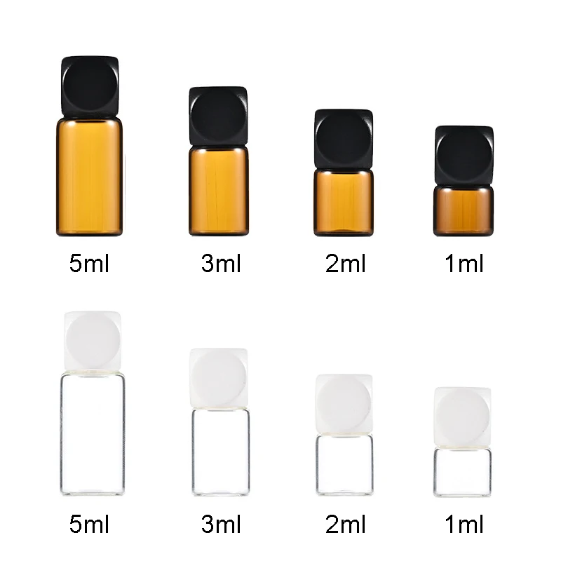 

300pcs,1ml 2ml 3ml 5ml Square bottle cap Essence solution Travel sub packaging bottle,Tawny Transparent Glass sample bottle