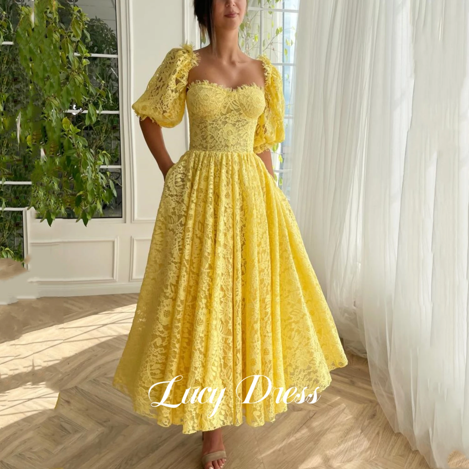 

Lucy Line A Wedding Guest Dresses for Women Evening Dress Party Evening Elegant Luxury Celebrity Cocktail Lace Yellow 2024