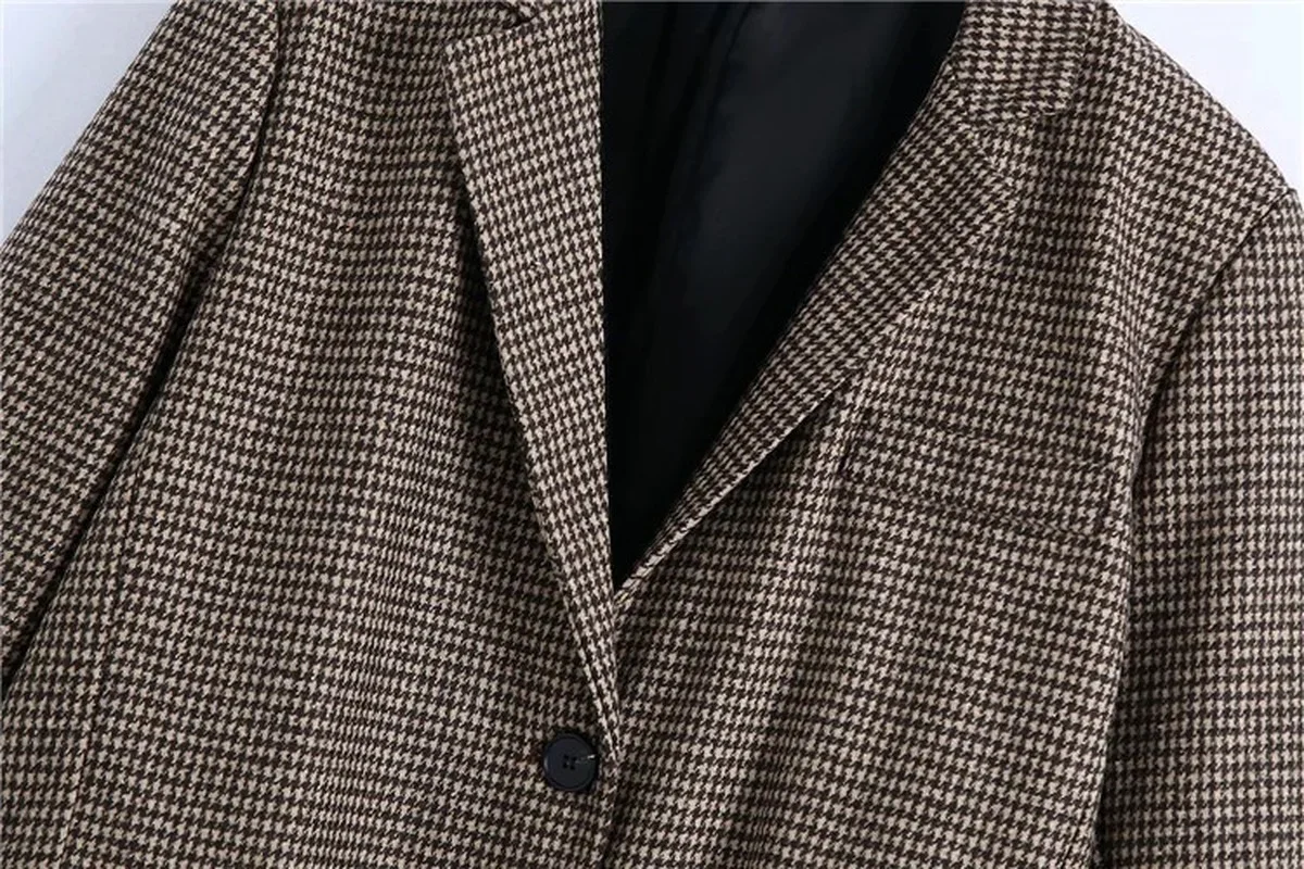 British Style Houndstooth Blazer 2024 Women Vintage Solid Colors Single Breasted Casual Office Blazer Suit Work Formal Clothing