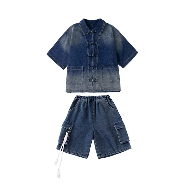 Kind Hip Hop Kleidung Set Jungen Street Dance Kostüm Mädchen Jazz Modern Dance Anzug Farbverlauf Blau Shirts Shorts Kpop Show