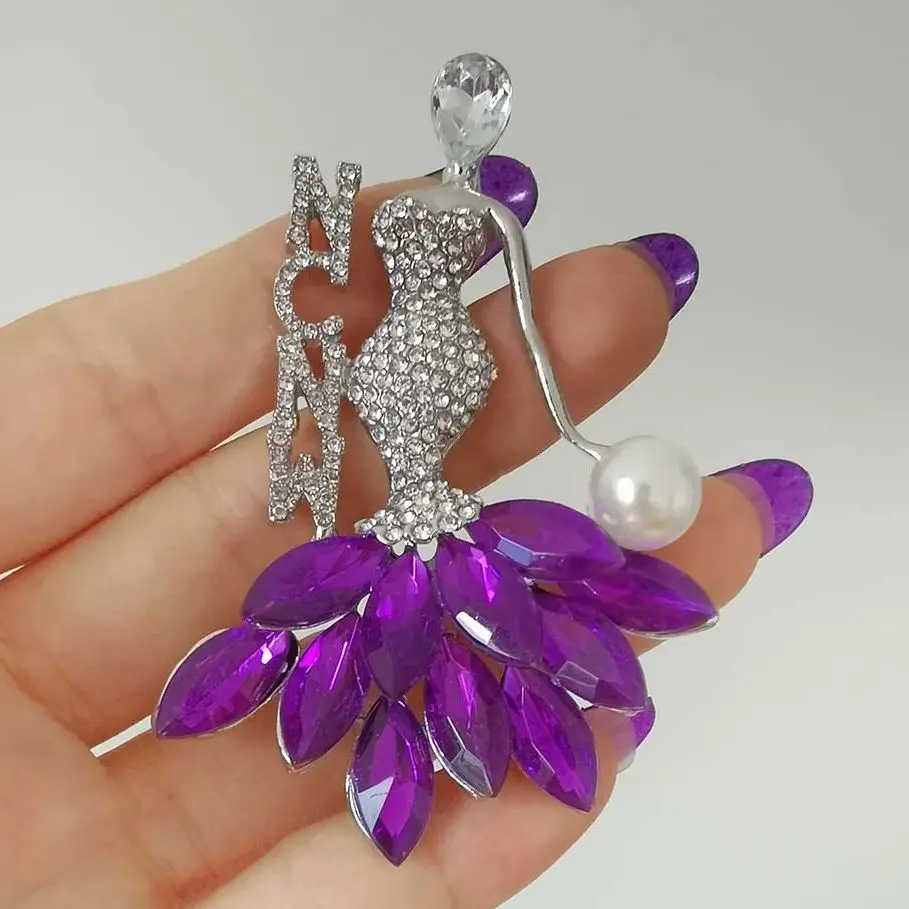 Handmade Custom Greek Letter NCNW Purple White Color Luxury Rhinestone Gance Girl Brooch & Necklace Dress Accessory Wholesale