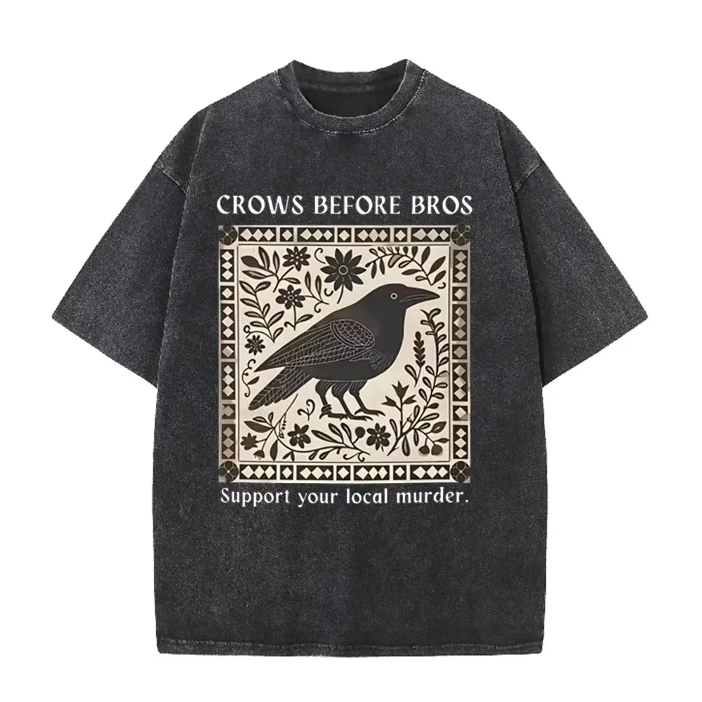 Retro Acid Wash Oversized T-shirt Black Crow Flower Border Funny Text Graphic Casual Summer Tops Asian Size