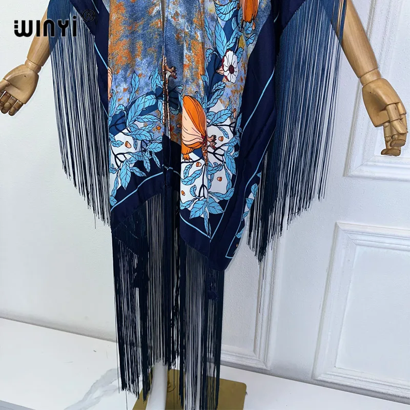 WINYI kimono summer boho print Bikini Cover-up Elegant fashion Cardigan Holiday tassels dress fashion coat free size outwears