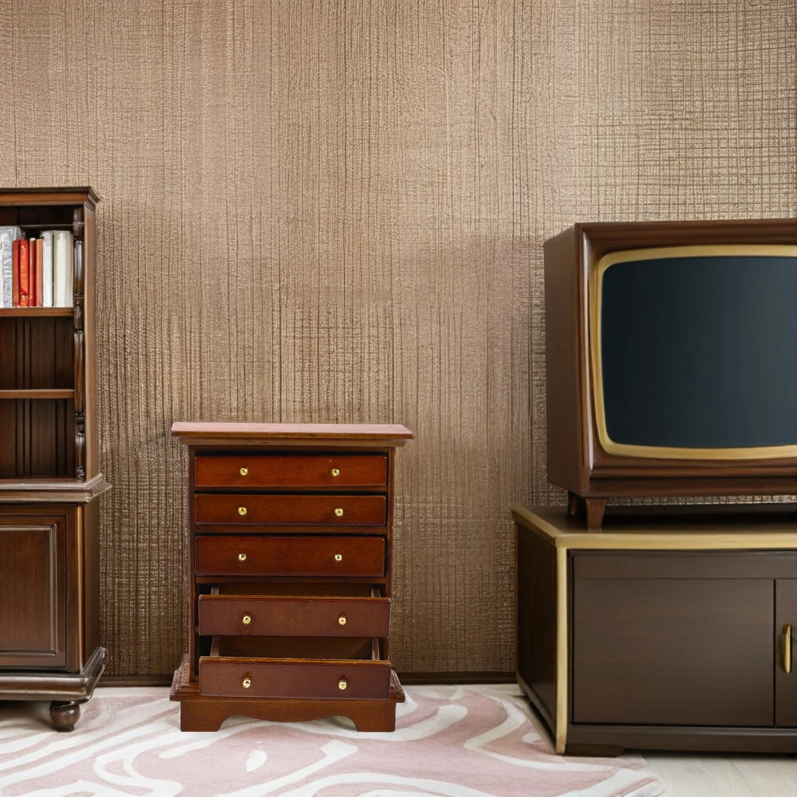 ミニチュアブラウンウッドベッドサイドテーブルナイトスタンド引き出し収納キャビネットヴィンテージスタイルドールハウスミニ家具寝室