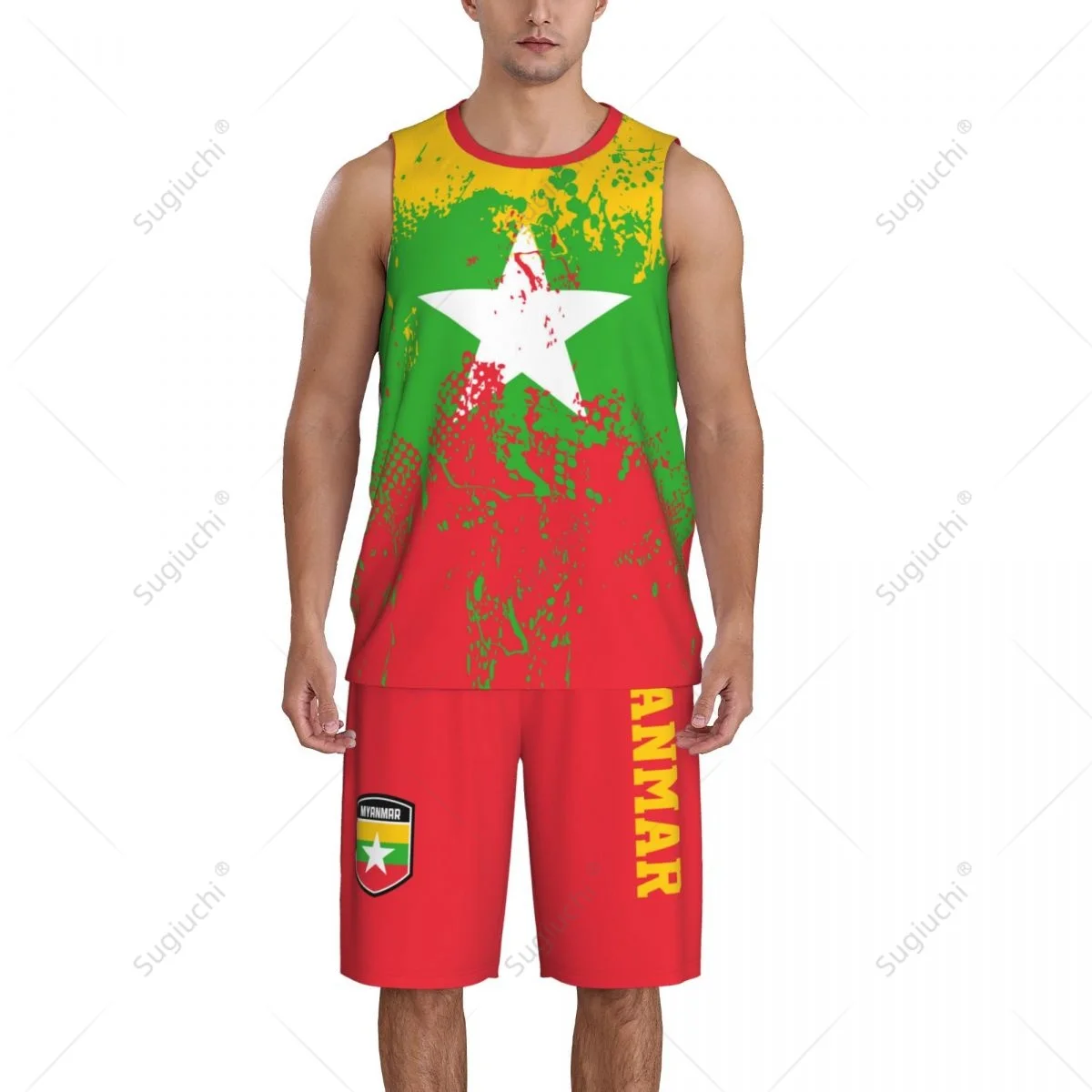 Team-Up Myanmar Vlag Graan Mannen Basketbal Jersey Set Shirt & Broek Mouwloos Aangepaste Naam Nunber Exclusief