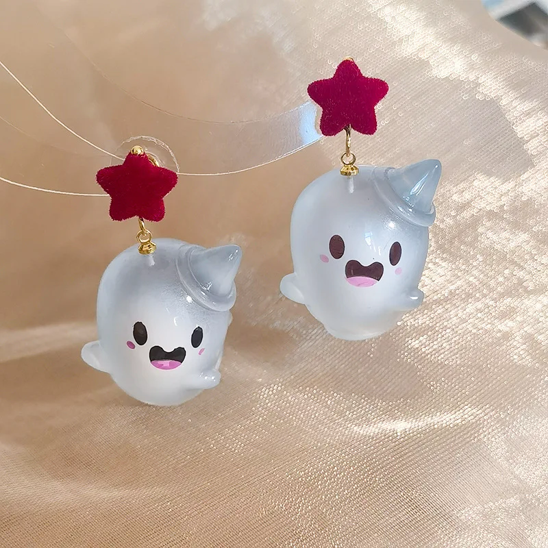 

New Cute Halloween Resin Ghost Earrings for Women Girls Cartoon Fashion Geometric Red Star Ball Stud Holiday Party Jewelry Gift