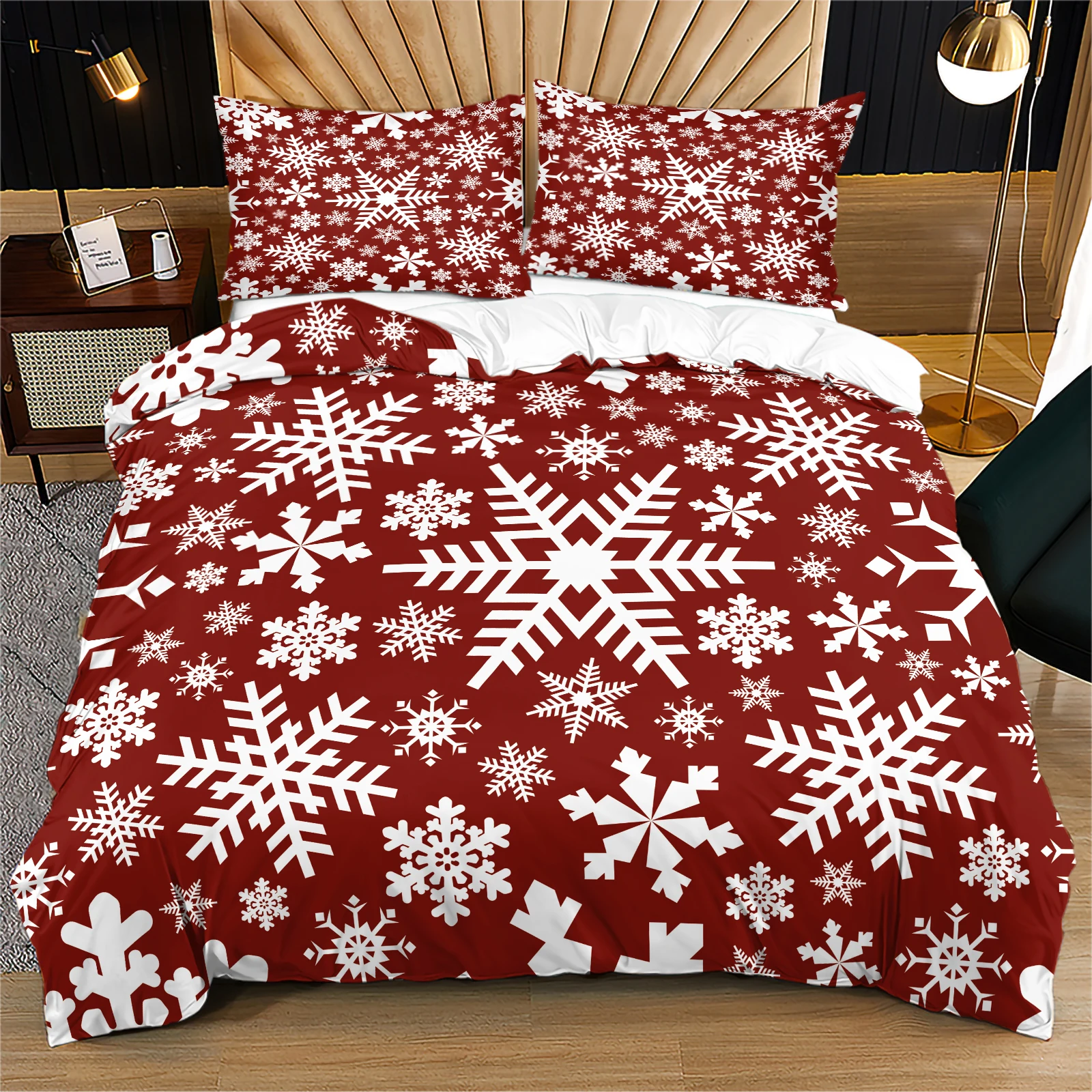 Burgundy Winter Snowflake Duvet Cover Bedding Set Skin‑Friendly Microfiber 2/3‑Piece Kit Bold Red Festive Design