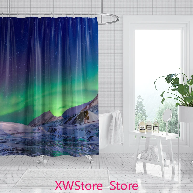 

Arctic Aurora Shower Curtain Icebergs & Polar Night Sky with Glowing Lights Waterproof PEVA