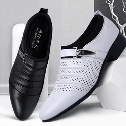 Men Leather Shoes Mens Pointed Toe Dress Shoes High Quality Formal Slip On Hollow Out Sandals Man Summer Black Brown White