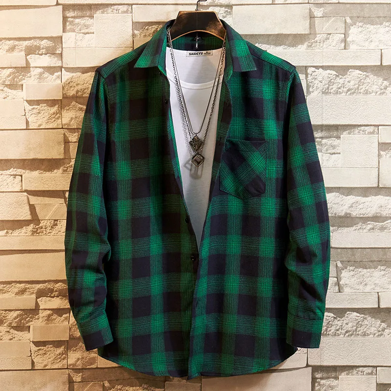 

Men Flannel Plaid Cotton Shirt Chest Pocket Smart Casual Classic Contrast Standard-fit Long Sleeve Dress Shirts