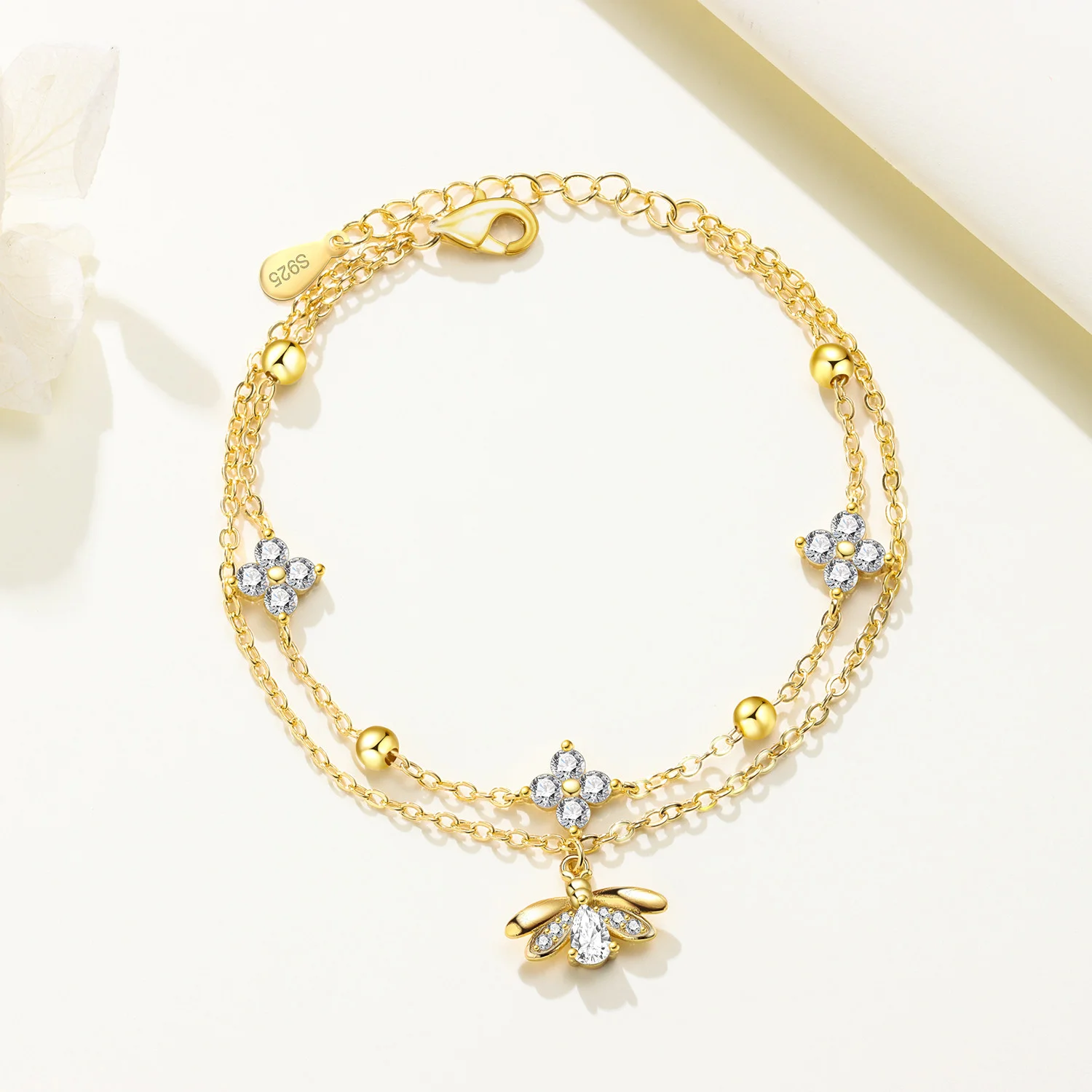 PANPOKI New 925 Sterling Silver Firefly Insect Double Layer Bracelet Chain Link Women Bracelet Jewelry Party Trendy Gifts
