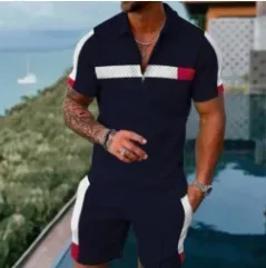 Men's Summer Shorts Sets Oversized 3D Print Zipper Lapel Polo Shirt+Shorts Streetwear 2PCS Sets Men Summer Clothing Outfits