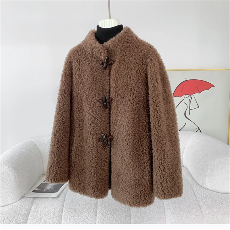 2024 Fall and Winter Stand Lapel Lamb Wool Horn Button Women Jacket Female Sheep Shearling Warm Casual Coat JT467