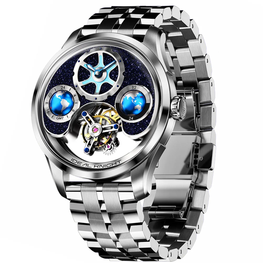 IDEAL KNIGHT Top Brand Luxruy Mens Watch Advanced Tourbillon Automatic Mechanical Watch Waterproof Luminous Dual Region Time